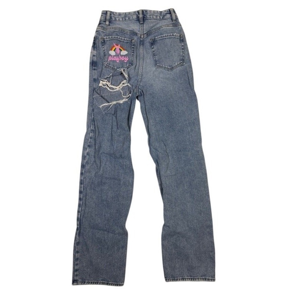 PacSun Playboy Womens High Rise Straight Leg Distressed Blue Jeans Size 27 Logo